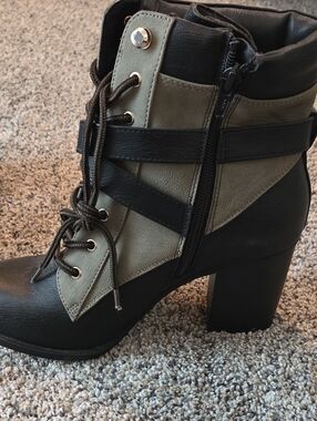 Women's Black and Olive Lace-Up Ankle Boots with Buckle